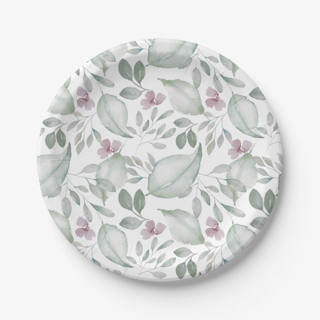 Assiettes En Carton Aquarelle Motif vert Sage (Devant)