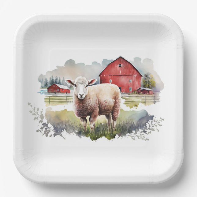 Assiettes En Carton Aquarelle Mouton Avec Grange Rouge (Recto)