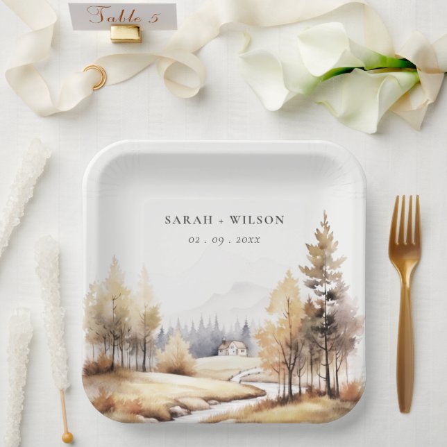 Assiettes En Carton Aquarelle Muet Automne Mariage paysage Automne (Mariage)