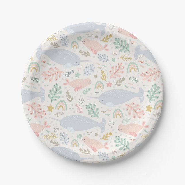 Assiettes En Carton Aquarelle Narwhal et Motif de phoque (Devant)