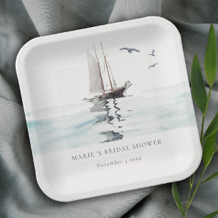 Assiettes En Carton Aquarelle Nautique Voilier Fête des mariées