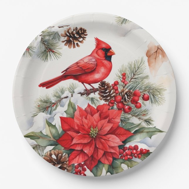 Assiettes En Carton Aquarelle Noël Cardinal rouge, Poinsettia (Devant)
