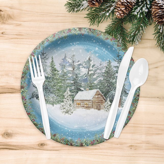 Assiettes En Carton Aquarelle Noël hiver Cabine neige (Créateur téléchargé)