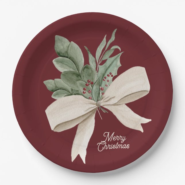 Assiettes En Carton Aquarelle Noël Vert Personnalisé (Devant)