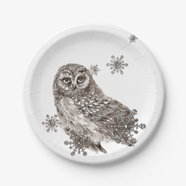 Assiettes En Carton Aquarelle Noir et Blanc Chouette Oiseau Snowflakes (Devant)