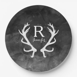 Assiettes En Carton Aquarelle noire et monogramme rustique