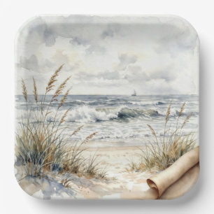 Assiettes En Carton Aquarelle Océan Plage avec Papier Recroquevillé