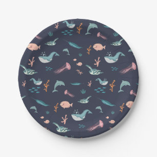 Assiettes En Carton Aquarelle Océan Sea Animaux Motif bleu