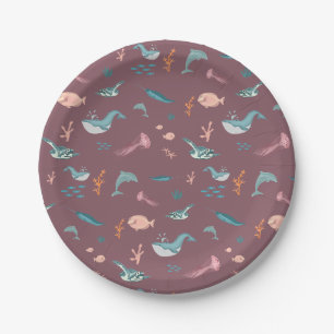 Assiettes En Carton Aquarelle Océan Sea Animaux Motif rose pâle