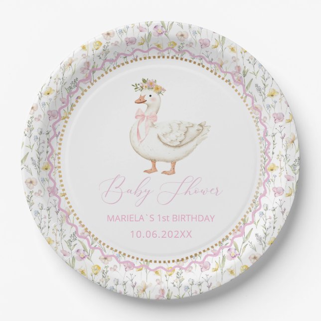 Assiettes En Carton Aquarelle Oie soie 1er anniversaire (Devant)