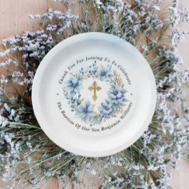 Assiettes En Carton Aquarelle or et bleu Floral Boy Baptême