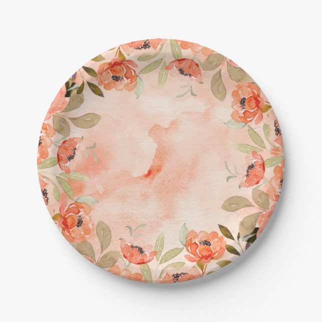 Assiettes En Carton Aquarelle Orange Fleurs (Devant)