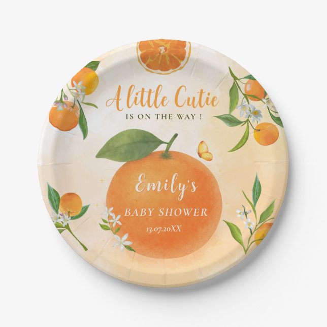Assiettes En Carton Aquarelle Orange & Fleurs Baby shower (Devant)
