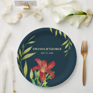 Assiettes En Carton Aquarelle Orange Lily Illustration Turquoise foncé