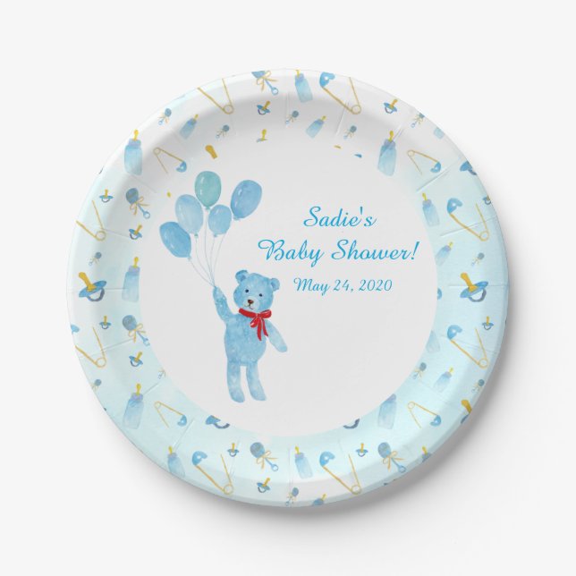 Assiettes En Carton Aquarelle Ours Teddy Avec Baby shower Ballons (Devant)