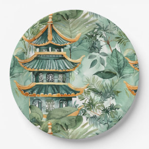 Assiettes En Carton Aquarelle Pagode asiatique dans paysage verdoyant