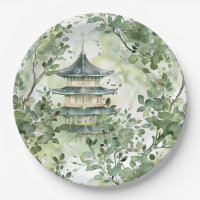 Aquarelle Pagode asiatique dans paysage verdoyant