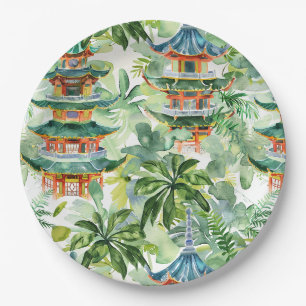 Assiettes En Carton Aquarelle Pagode asiatique dans paysage verdoyant