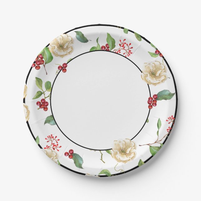 Assiettes En Carton Aquarelle Papier blanc et or Magnolia (Devant)