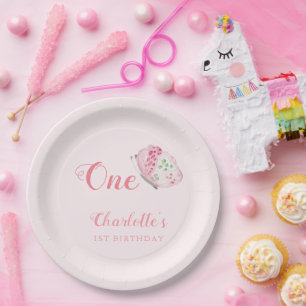 Assiettes En Carton Aquarelle Papillon 1er Anniversaire Fête Rose