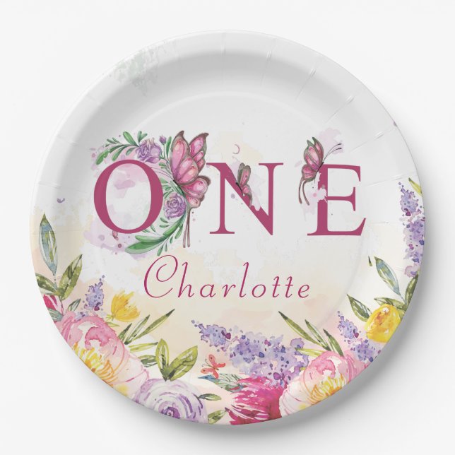 Assiettes En Carton Aquarelle papillon Floral Premier anniversaire (Devant)