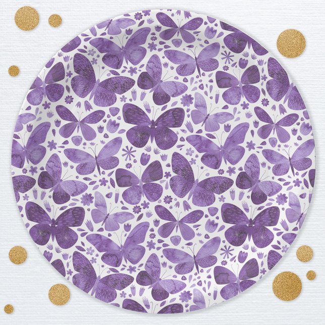 Assiettes En Carton Aquarelle papillon violet (Butterfly watercolor pattern purple party paper plates)