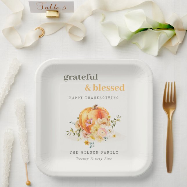 Assiettes En Carton Aquarelle Pastel Soft Floral Citrouille Thanksgivi (Mariage)