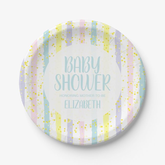 Assiettes En Carton Aquarelle Pastel Stripes Baby shower garçon (Devant)