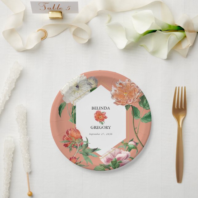 Assiettes En Carton Aquarelle Peach Pink Peonies Mariage (Mariage)