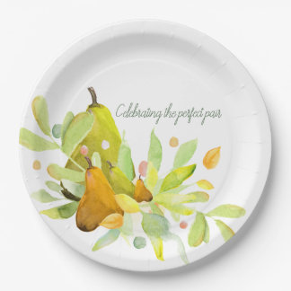 Assiettes En Carton Aquarelle Pear et Fruit avec verdure 