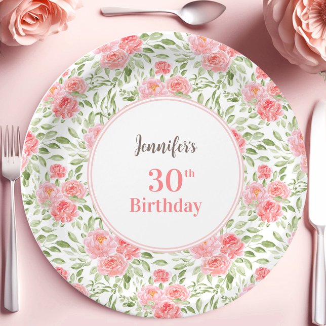 Assiettes En Carton Aquarelle Peony Floral Rose Peach été Anniversaire (Watercolor Peony Floral Pink Peach Summer Birthday Paper Plates)