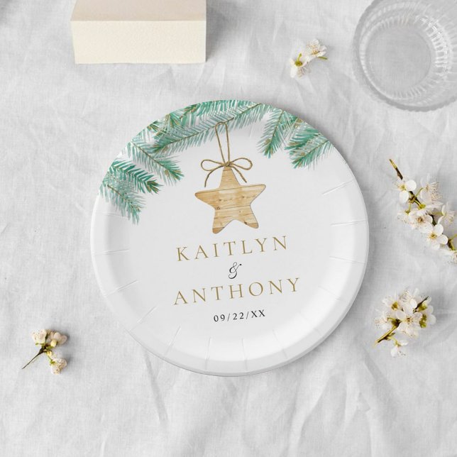 Assiettes En Carton Aquarelle Pine Boughs Noël Mariage d'hiver (Créateur téléchargé)