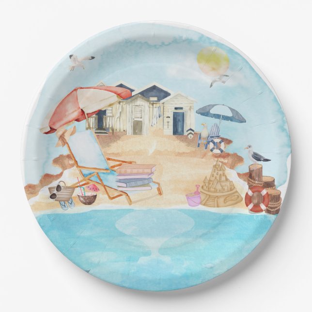 Assiettes En Carton Aquarelle Plage Côtière (Devant)