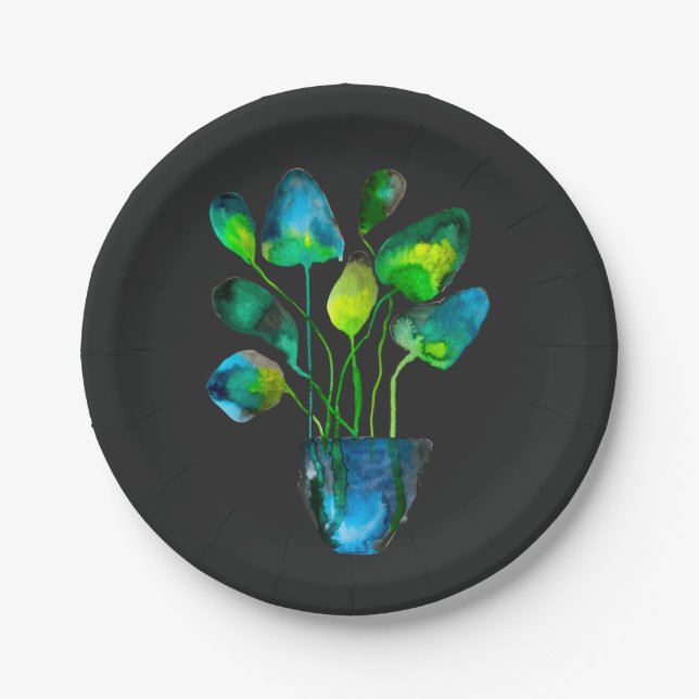 Assiettes En Carton Aquarelle plante art vert et bleu abstrait (Devant)
