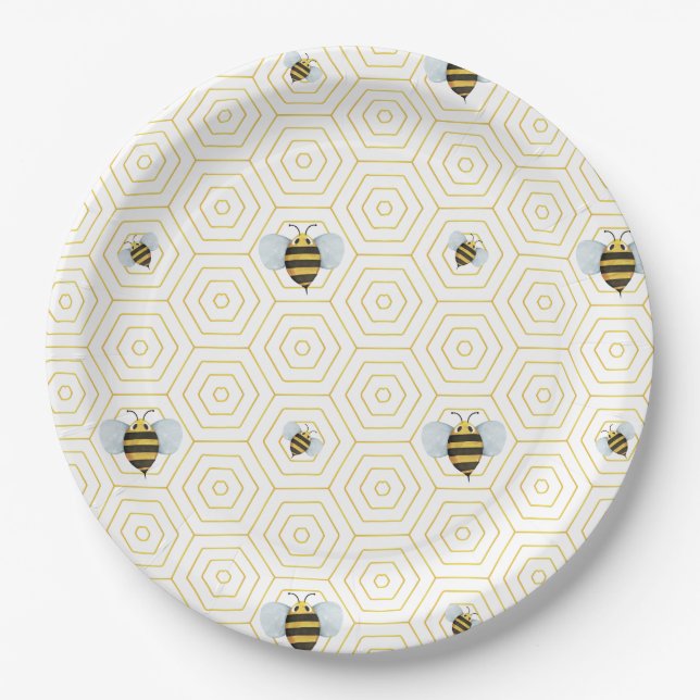 Assiettes En Carton Aquarelle Plaque de papier Motif d'abeille (Devant)