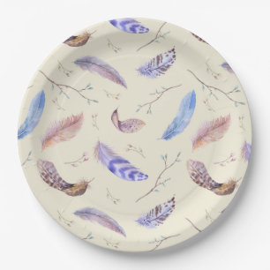 Assiettes En Carton Aquarelle Plumes Feuilles et Branches Motif