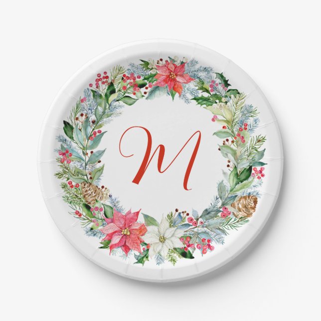 Assiettes En Carton Aquarelle Poinsettia monogramme de couronne de Noë (Devant)