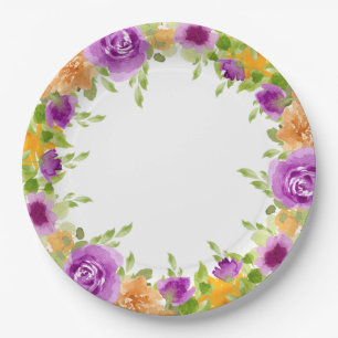 Assiettes En Carton Aquarelle pourpre fleurit Mariage floral