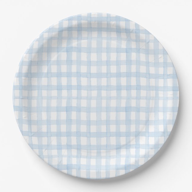 Assiettes En Carton Aquarelle Preppy En vichy bleu (Devant)