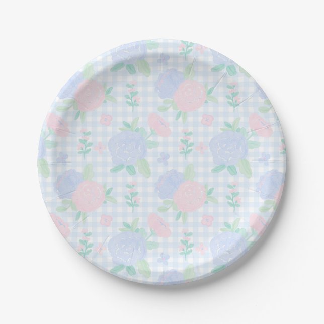 Assiettes En Carton Aquarelle Preppy Floral En vichy Anniversaire (Devant)