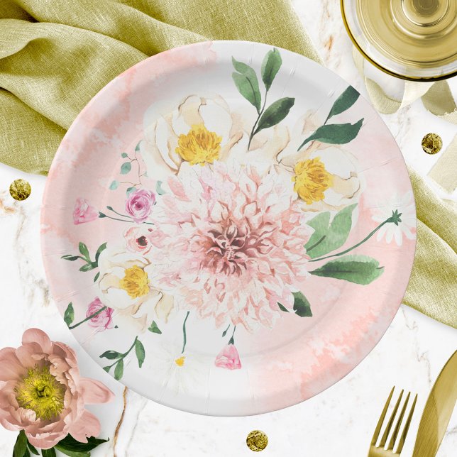 Assiettes En Carton Aquarelle romantique à fond bleu Fête des mariées (Créateur téléchargé)