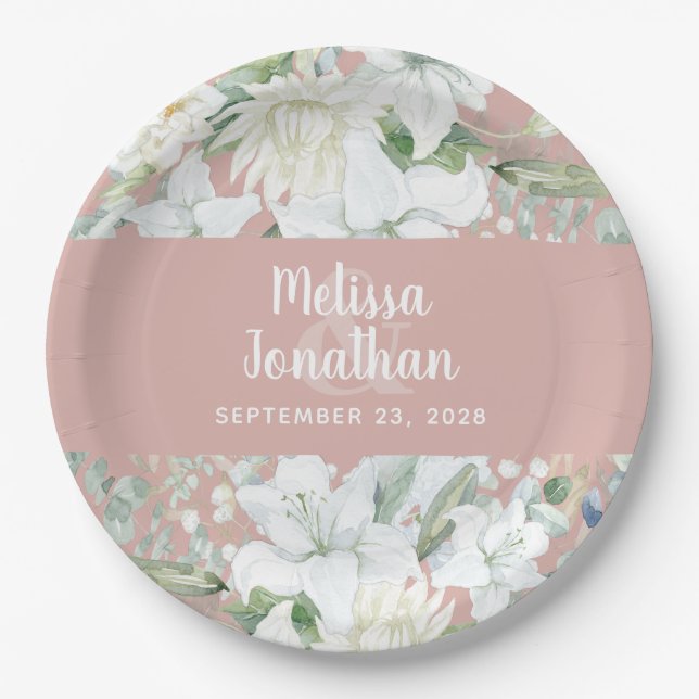 Assiettes En Carton Aquarelle romantique fleurs blanches mariage (Devant)