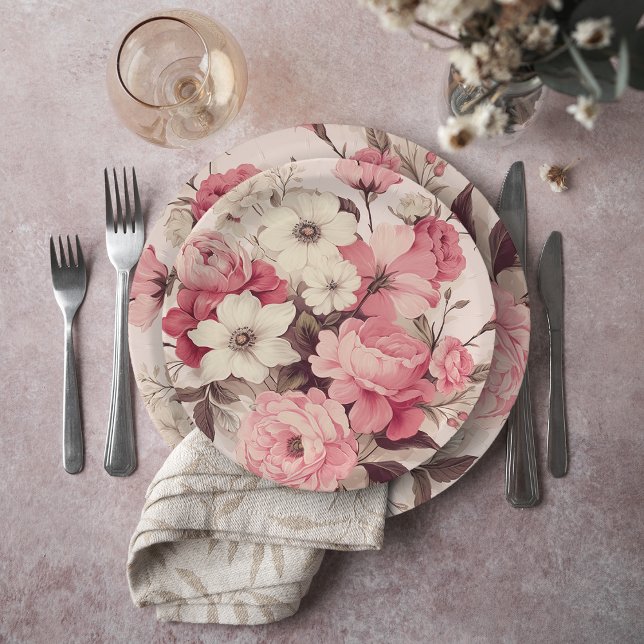 Assiettes En Carton Aquarelle romantique Roses roses et fleurs de pomm (Créateur téléchargé)