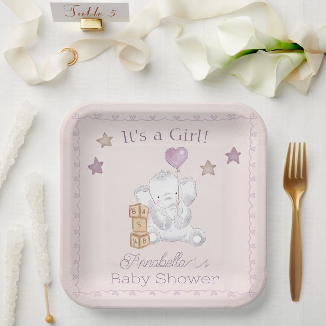 Assiettes En Carton Aquarelle rose bébé fille éléphant et ballons (Mariage)