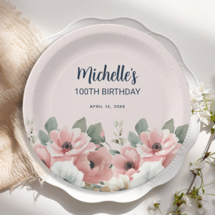 Assiettes En Carton Aquarelle rose blanc Floral 100e anniversaire