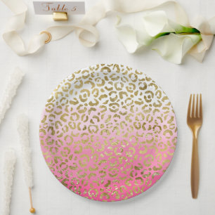 Assiettes En Carton Aquarelle rose blanche Empreinte de léopard or gla