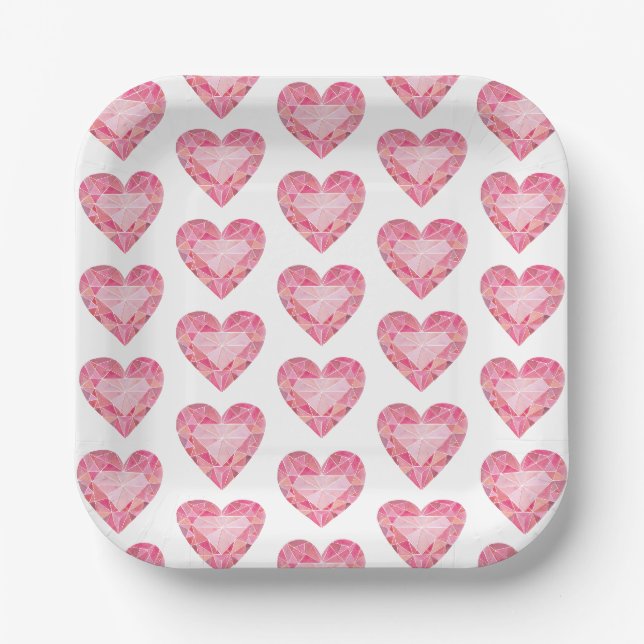 Assiettes En Carton Aquarelle rose Coeur Gem Glam Diamond Love (Recto)