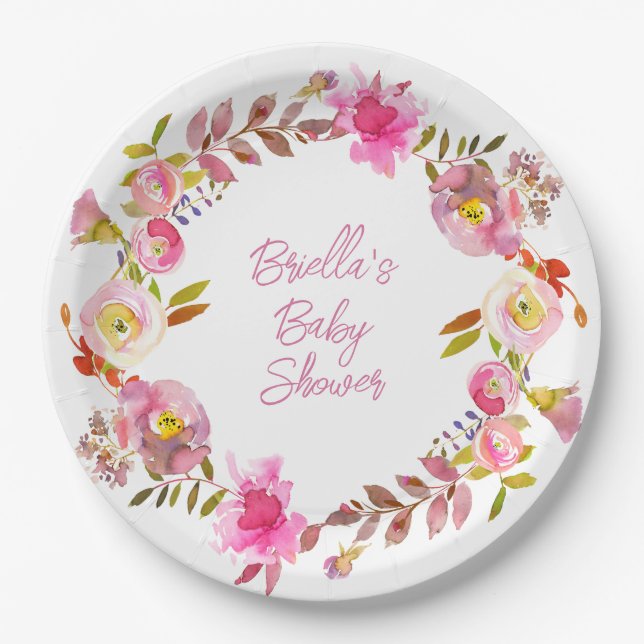 Assiettes En Carton Aquarelle rose couronne florale (Devant)