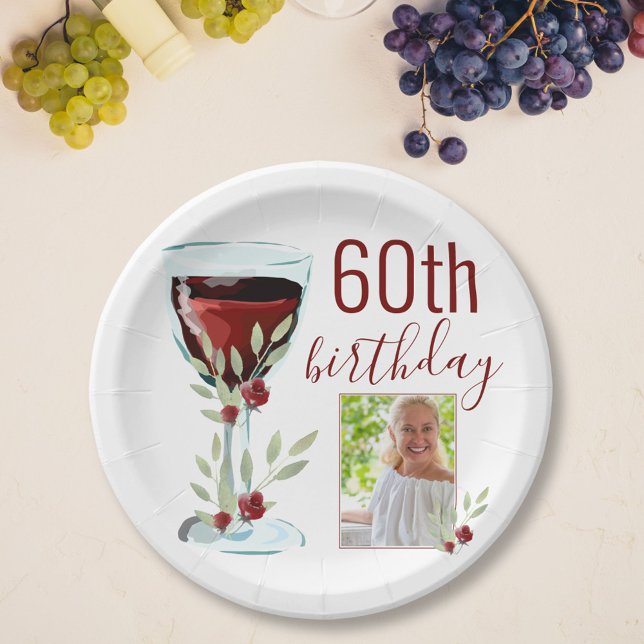Assiettes En Carton Aquarelle Rose de vin rouge Photo 60e anniversaire (Créateur téléchargé)