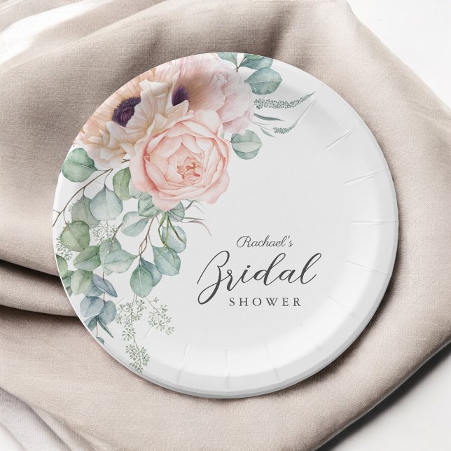 Assiettes En Carton Aquarelle rose douce Fête des mariées florale (Créateur téléchargé)